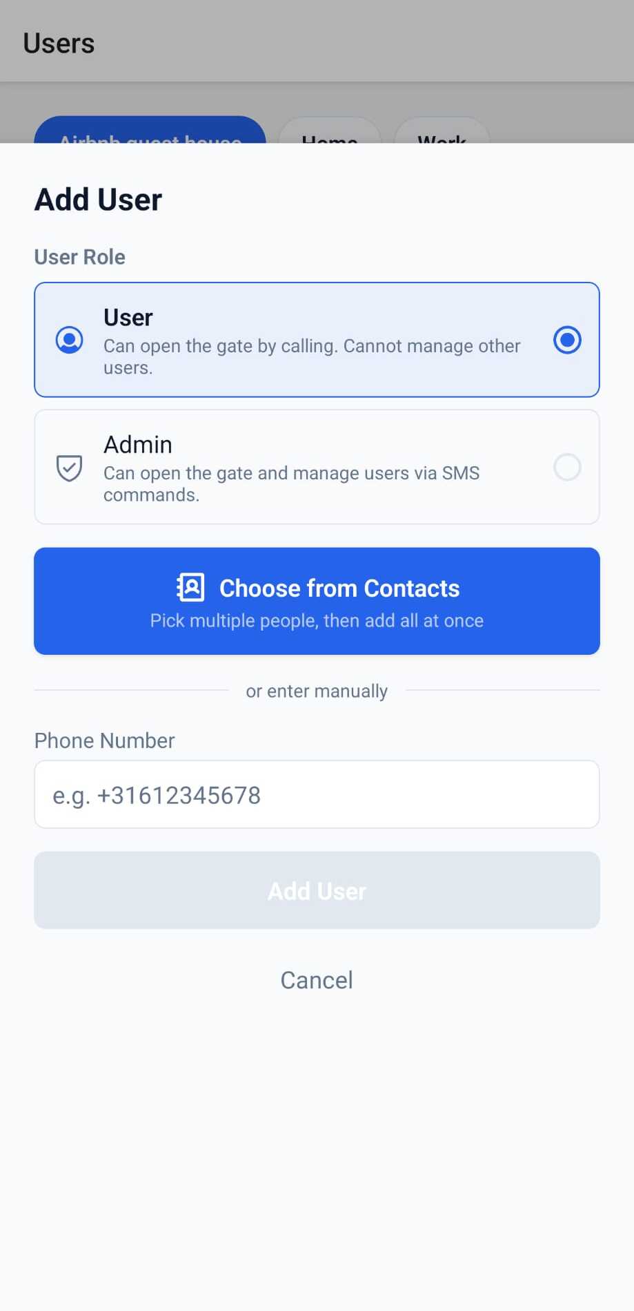 GateOpener Add User screen showing role selection (User or Admin), Choose from Contacts button, and phone number input