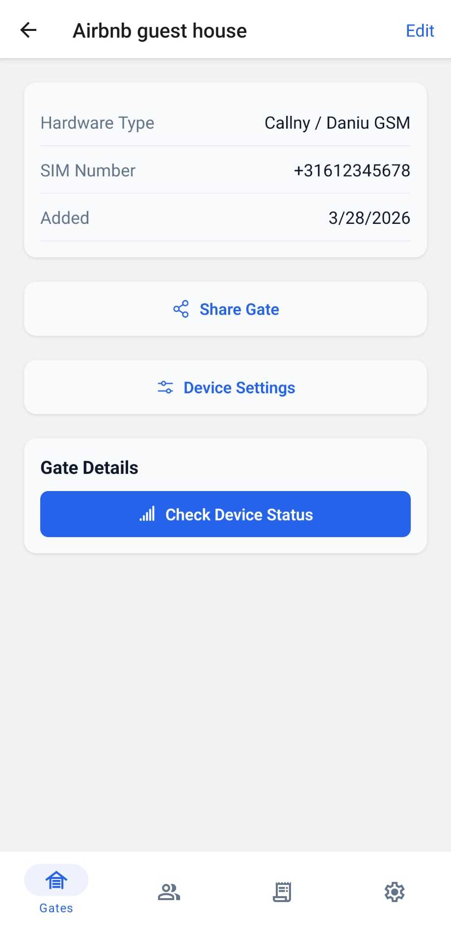 GateOpener gate detail screen showing hardware type, SIM number, Share Gate, Device Settings, and Check Device Status options