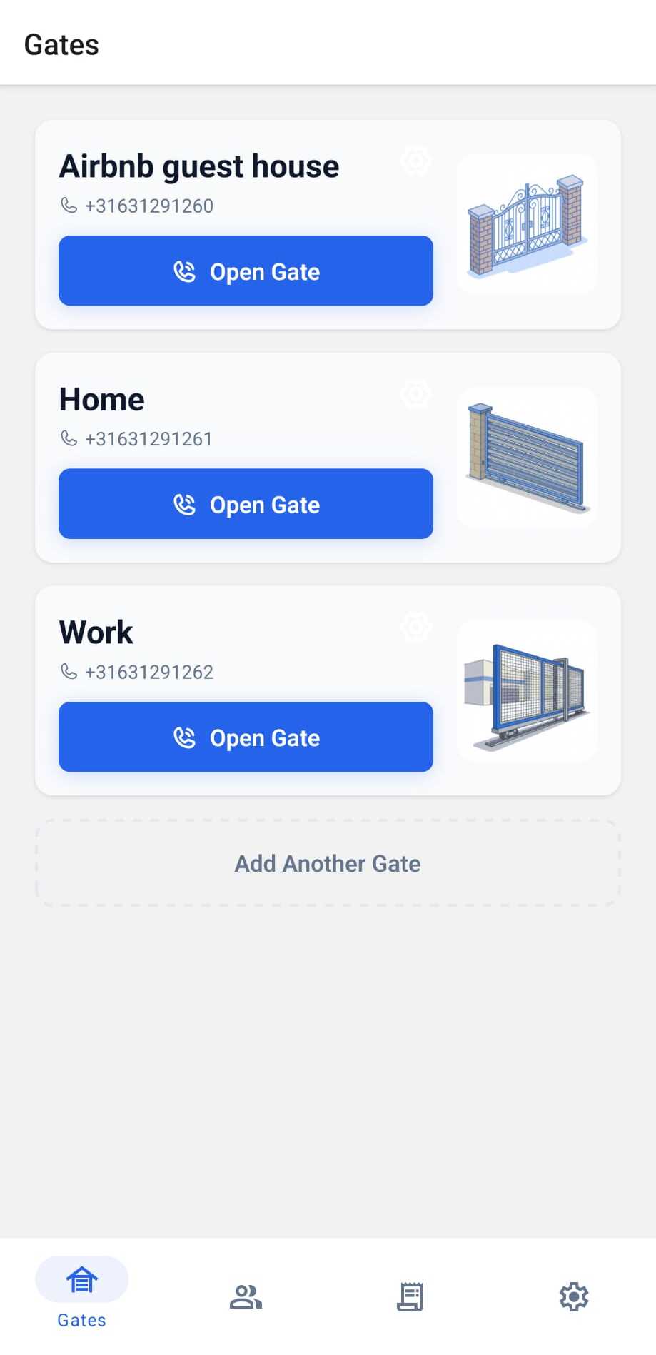 GateOpener app showing three gates: Airbnb guest house, Home, and Work — each with an Open Gate button