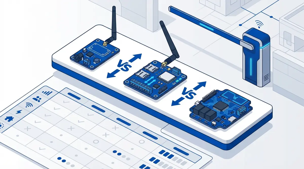 Three GSM gate opener modules displayed side by side for comparison