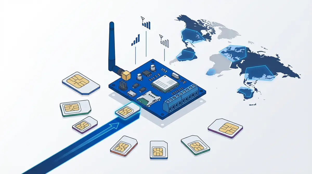 SIM cards of different sizes around a GSM gate opener module with a world map showing network coverage