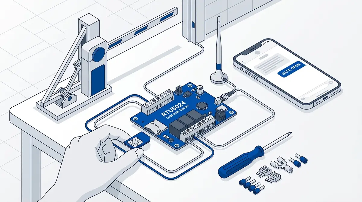 RTU5024 GSM gate opener module on a workbench with SIM card, antenna, and smartphone