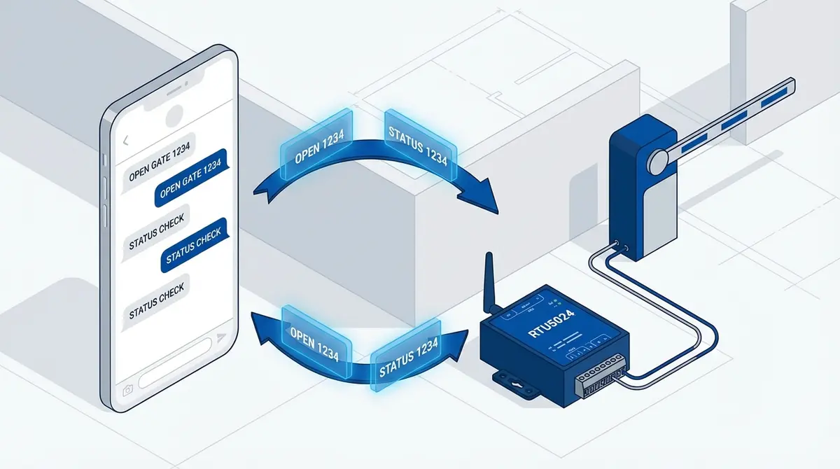 SMS commands flowing between a smartphone and RTU5024 GSM gate opener module
